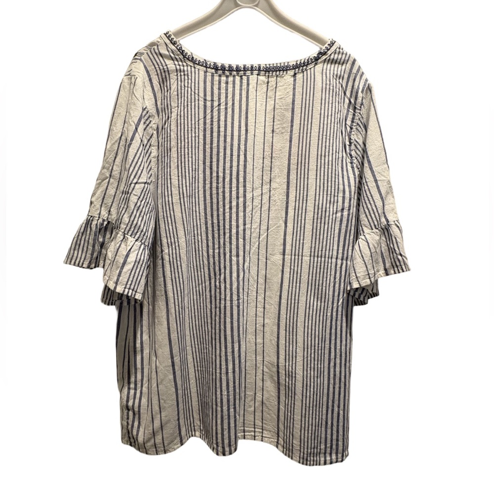 Boho Striped Blue & White Embroidered V-Neck Women's Tunic Plus Size 1X - Picture 4 of 8